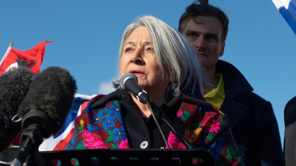 Gov. Gen. Mary Simon speaks during the 'Stand in Solidarity with Ukraine' event marking the one-year anniversary of the Russian invasion of Ukraine at the Flora Footbridge in Ottawa, Feb. 20, 2023. THE CANADIAN PRESS/Spencer Colby