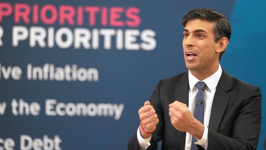 Britain's Prime Minister Rishi Sunak gestures as he attends a Q&A session during a Connect event at a Boxing Club in Chelmsford, Essex, England, Monday, March 27, 2023.(AP Photo/Kin Cheung, pool)