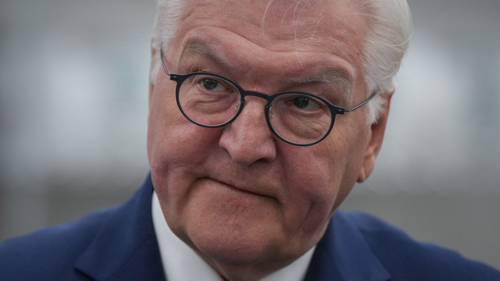 Germany President Frank-Walter Steinmeier listens during a tour of fuel cell stack manufacturer, Cellcentric Canada, in Burnaby, B.C., Tuesday, April 25, 2023. (THE CANADIAN PRESS/Darryl Dyck)