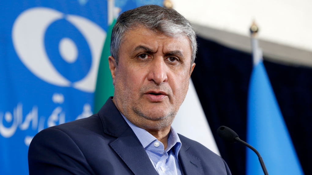 Head of Atomic Energy Organization of Iran Mohammad Eslami speaks in a joint press conference with International Atomic Energy Organization, IAEA, Director General Rafael Mariano Grossi in Tehran, Saturday, March 4, 2023. (AP Photo/Vahid Salemi)