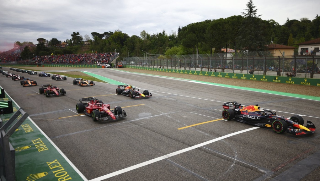 Red Bull driver Max Verstappen of the Netherlands leads at the start of the Emilia Romagna Formula One Grand Prix, at the Enzo and Dino Ferrari racetrack in Imola, Italy, Sunday, April 24, 2022. This weekend's Emilia-Romagna Grand Prix in northern Italy was canceled Wednesday, May 17, 2023, because of deadly floods in the region. Formula One said it made the decision for safety reasons and to avoid any extra burden on the emergency services, after consulting with Italian political figures. (Guglielmo Mangiapane/Pool Photo via AP, File)