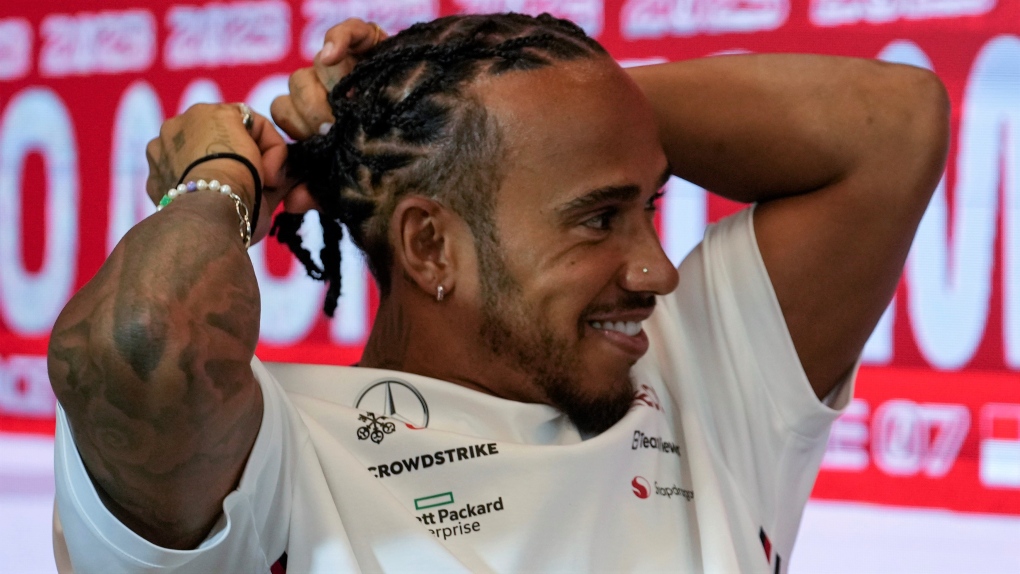 Mercedes driver Lewis Hamilton of Britain during a news conference at the Monaco racetrack, in Monaco, Thursday, May 25, 2023. (AP Photo/Luca Bruno)