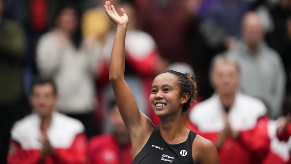 Canada's Leylah Fernandez waves to the crowd after defeating Belgium's Ysaline Bonaventure during a Billie Jean King Cup qualifiers singles match, in Vancouver, on Saturday, April 15, 2023. THE CANADIAN PRESS/Darryl Dyck