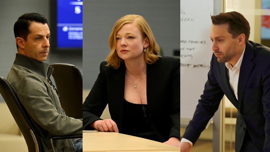 This combination of photos shows Jeremy Strong as Kendall Roy, left, Sarah Snook as Shiv Roy, center, and Kieran Culkin as Roman Roy, from the HBO series "Succession." (HBO via AP)