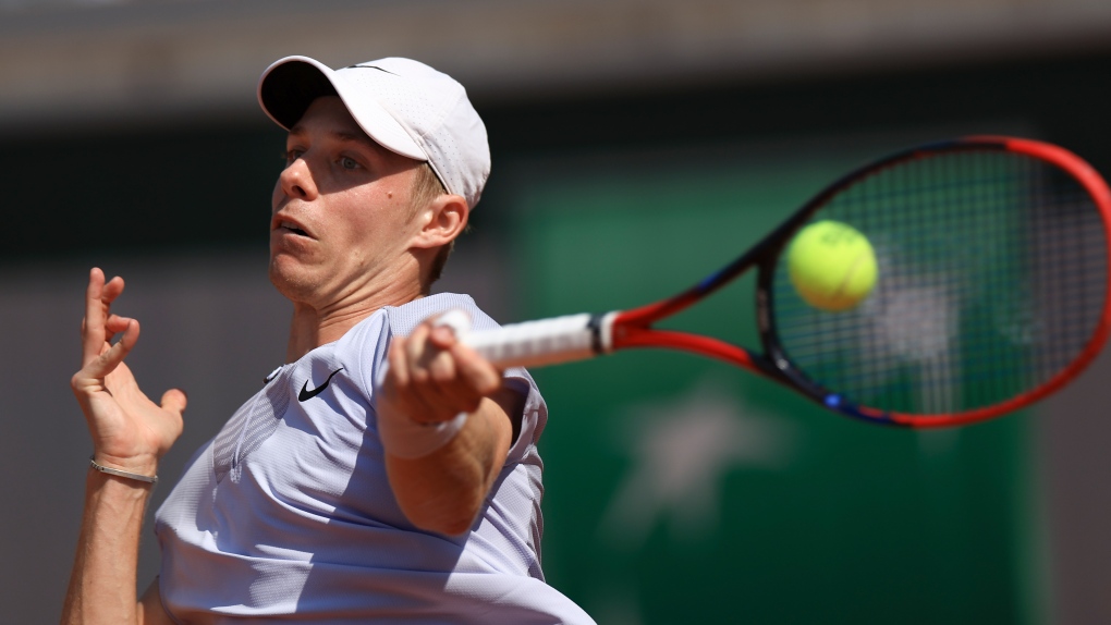 Canada's Denis Shapovalov plays a shot against Brandon Nakashima during their first round match of the French Open in Paris, May 29, 2023. (AP Photo/Aurelien Morissard)