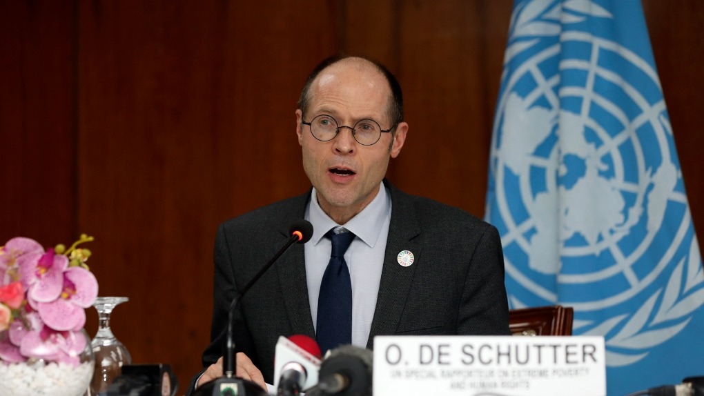 Olivier De Schutter, U.N. special rapporteur on extreme poverty and human rights addresses a press conference in Dhaka, Bangladesh, Monday, May 29, 2023. (AP Photo/Al-emrun Garjon)