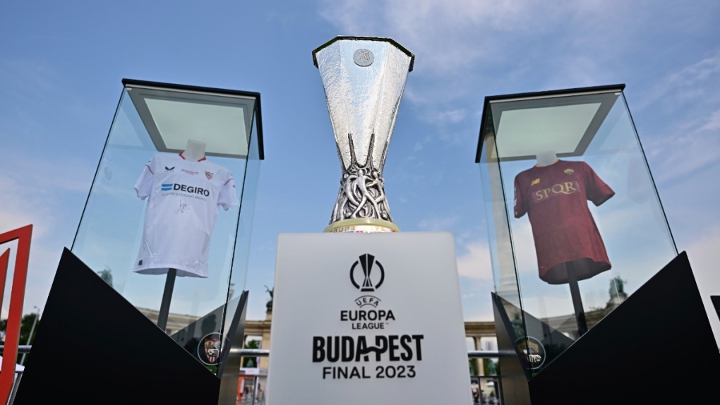 The UEFA Europa League Trophy is displayed in the Fan Zone at Heroes Square in Budapest, Hungary, on May 30, 2023. (Marton Monus / MTI via AP) 