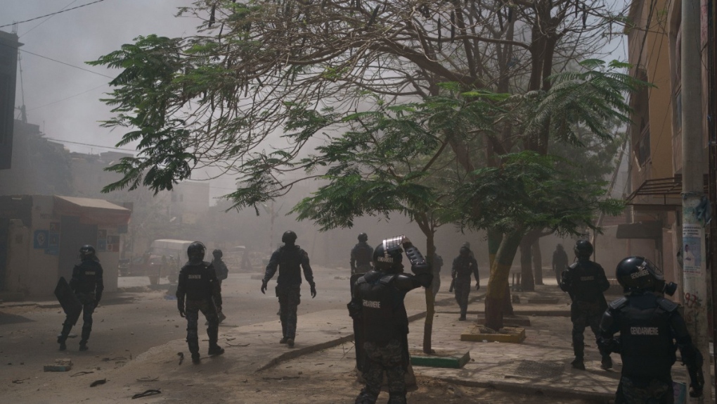Police patrol during clashes with demonstrators in Dakar, Senegal, on June 1, 2023. (Leo Correa / AP) 