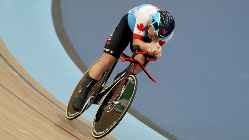 Riley Pickrell of Canada rides in the men's 1000m time trial final during the Commonwealth Games in London, on Aug. 1, 2022. (Ian Walton / AP) 