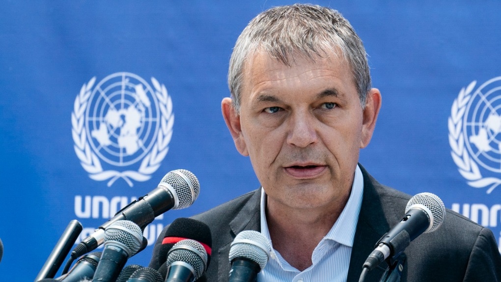 Philippe Lazzarini, Under-Secretary-General of the United Nations and Commissioner-General of the United Nations Relief and Works Agency for Palestine Refugees in the Near East (UNRWA) speaks during a news conference at their compound following a cease-fire reached after an 11-day war between Gaza's Hamas rulers and Israel, Sunday, May 23, 2021, in Gaza City. (AP Photo/John Minchillo)