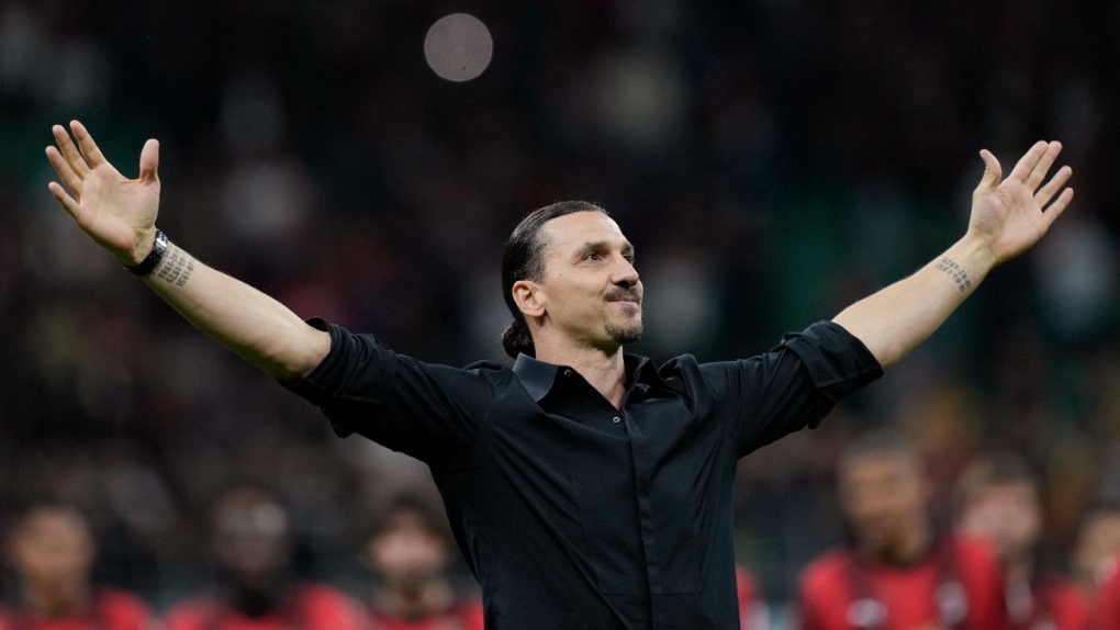 AC Milan's Zlatan Ibrahimovic reacts after his last game for the club, at the San Siro stadium, in Milan, Italy, on June 4, 2023. (Antonio Calanni / AP) 