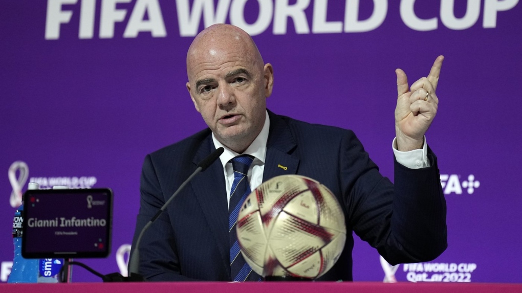 FIFA President Gianni Infantino meets the media at the FIFA World Cup closing press conference in Doha, Qatar, Friday, Dec. 16, 2022.. An advertising regulator says FIFA made false claims about last year's World Cup in Qatar being carbon neutral. The Swiss Commission for Fairness says FIFA was “not able to provide proof that the claims were accurate.” (AP Photo/Martin Meissner, File)