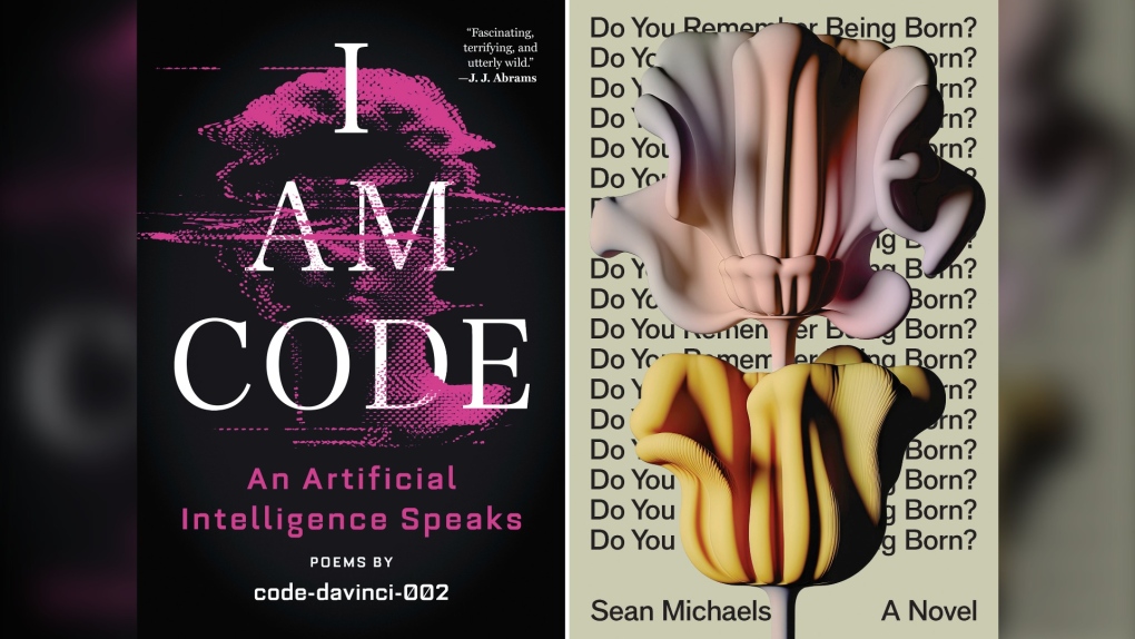 This combination of images released by Little, Brown and Company and Astra House show cover art from "I Am Code: An Artificial Intelligence Speaks" by code-davinci-002 and "Do You Remember Being Born?" by Sean Michaels. (Little, Brown and Company/Astra House via AP)