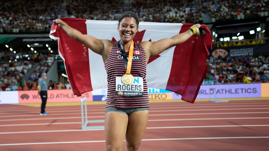Camryn Rogers reacts to winning gold as Canadians sweep hammer throw titles at world championships