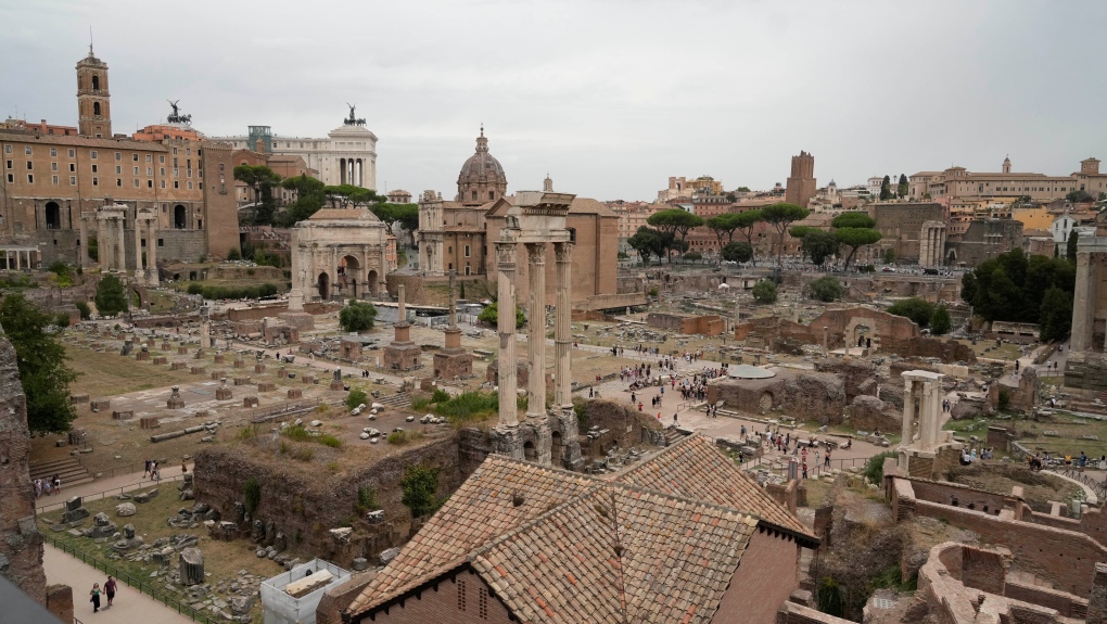 A view of the Roman Forum seen from a balcony of the newly restored domus Tiberiana, one of the main imperial palaces, during the press preview on Rome's Palatine Hill, Wednesday, Sept. 20, 2023. (AP Photo/Gregorio Borgia)