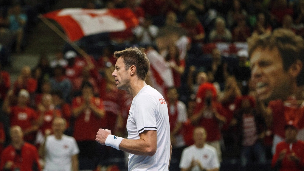 FILE - Team Canada's Daniel Nestor celebrates a point against a Team India during Davis Cup doubles tennis in Edmonton, Alta., on Saturday September 16, 2017. Canadian tennis great Daniel Nestor was one of six players named to the ballot for the 2023 class of the International Tennis Hall of Fame on Tuesday. THE CANADIAN PRESS/Jason Franson, File