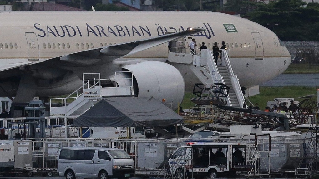 A Saudi Arabian Airlines plane Flight SV872 from Jeddah is shown at an isolated area at Manila's International Airport in Pasay, south of Manila, Philippines on Tuesday, Sept. 20, 2016. Saudia, formerly known as Saudi Arabian Airlines, is resuming flights to Toronto in December, after five years of no direct connections with Canada since a 2018 spat over the Liberals' loud condemnation of the kingdom's human-rights record. THE CANADIAN PRESS/AP-Aaron Favila