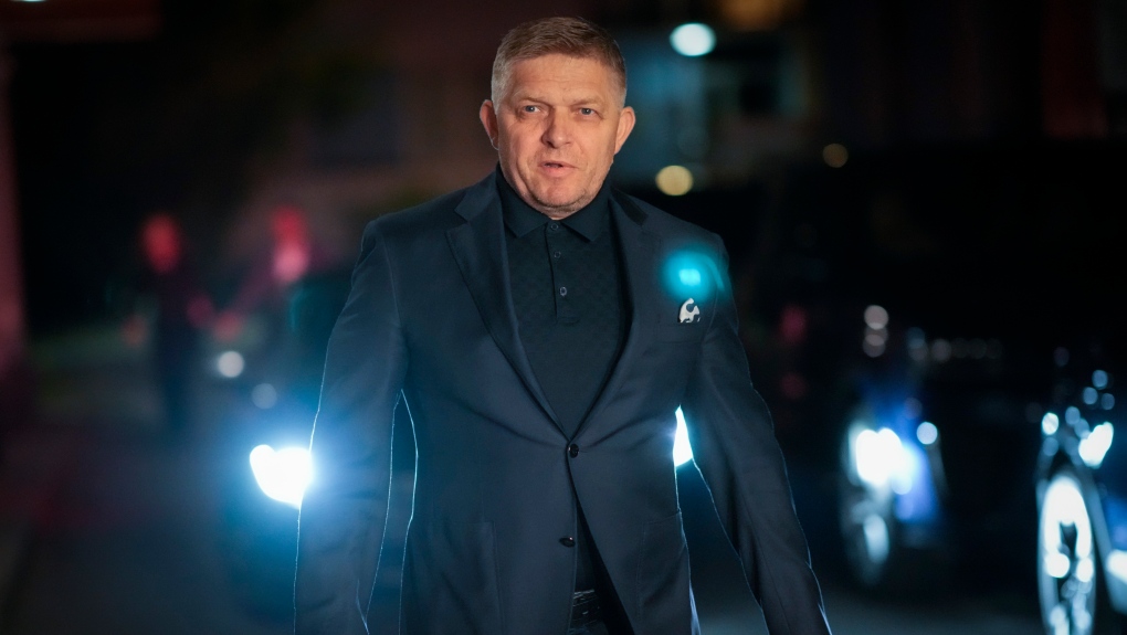 Former Slovakian Prime Minister Robert Fico arrives to his party's headquarters after polling stations closed for an early parliamentary election, in Bratislava, Slovakia, Saturday, Sept. 30, 2023. (AP Photo/Darko Bandic)