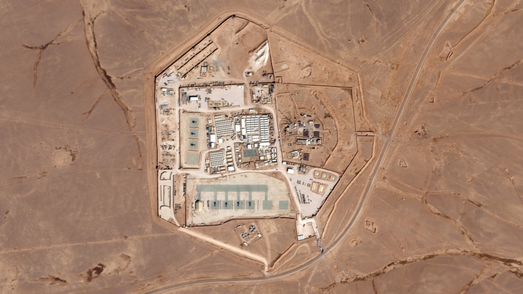 This satellite photo from Planet Labs PBC shows a military base known as Tower 22 in northeastern Jordan, on Oct. 12, 2023. (Planet Labs PBC via AP) 