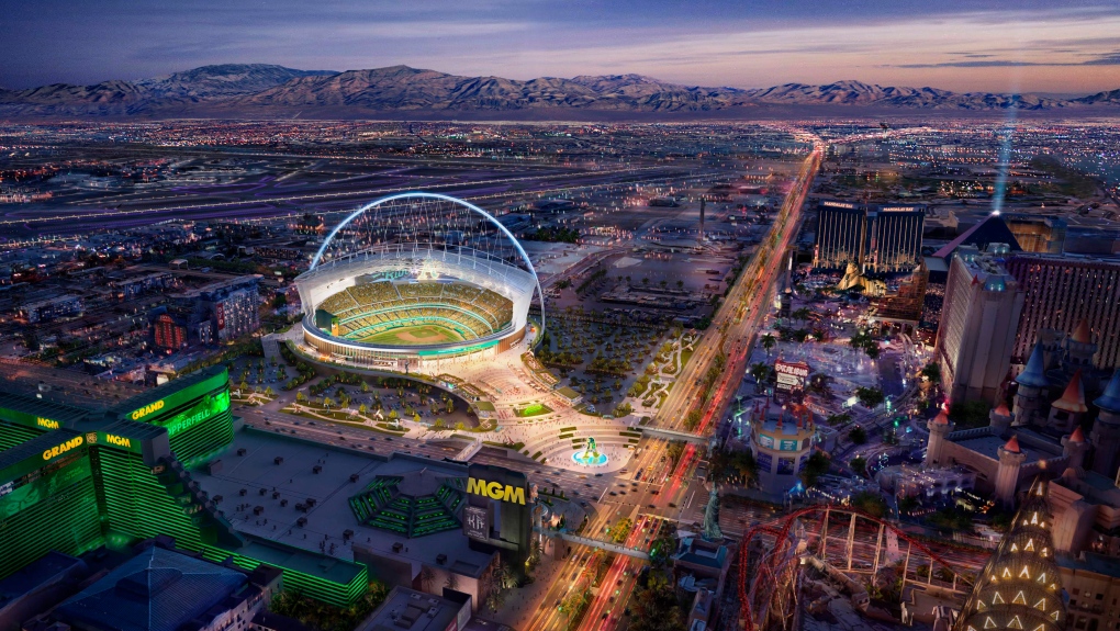 This rendering provided by the Oakland Athletics on May 26, 2023, shows a view of their proposed new ballpark at the Tropicana site in Las Vegas. (Oakland Athletics via AP, File) 