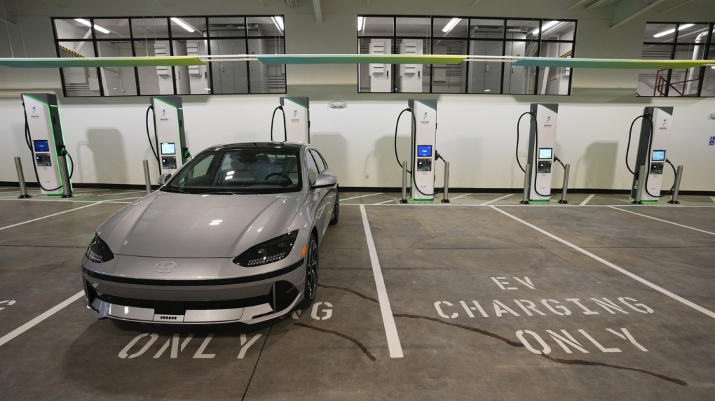 Charging bays are seen at the new Electrify America indoor electric vehicle charging station in San Francisco, Wednesday, Feb. 7, 2024. THE CANADIAN PRESS/AP-Eric Risberg