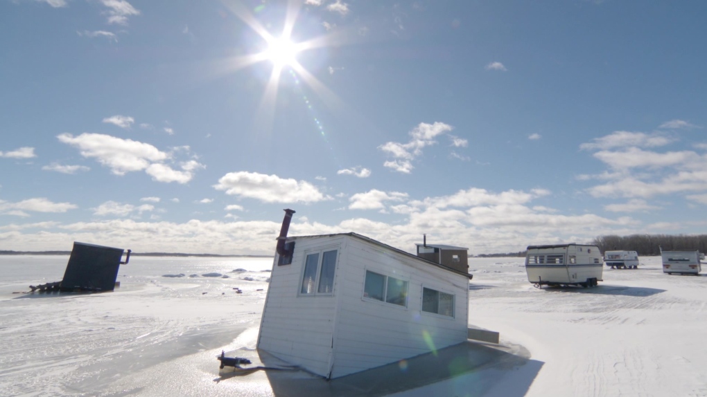 Quebec ice fishing huts are sinking into ice with mild