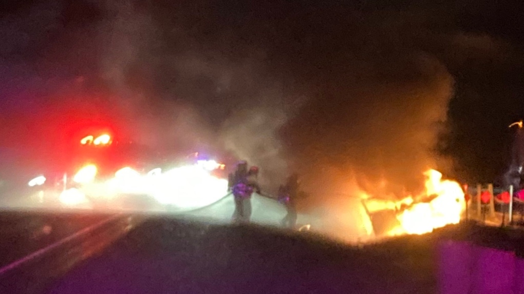Car fire on Highway 401 sends one person to hospital