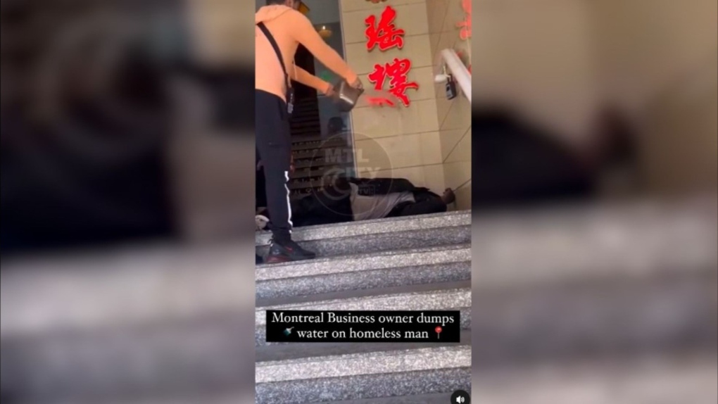 Montreal businesses apologize after video shows man throw water on sleeping homeless person