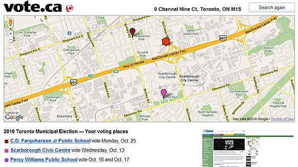 If you punch in your address, Vote.ca pops up a Google map showing your location in relation to polling locations.