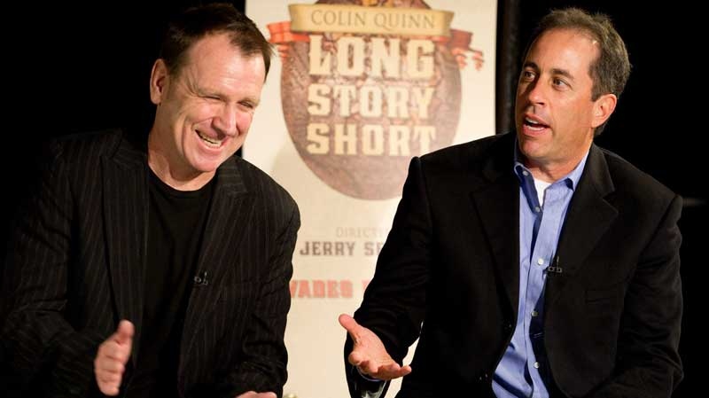 Colin Quinn, left, and Jerry Seinfeld discuss "Long Story Short", the one-man theatrical show moving to Broadway starring Colin Quinn and directed by Jerry Seinfeld, at a news conference in New York, Tuesday, Oct. 12, 2010. (AP Photo/Charles Sykes)