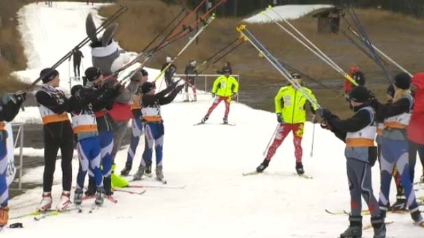 The athletes train on stored snow in Canmore
