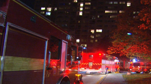 Firefighters respond to a two-alarm fire at 160 Chalkfarm Dr., a Toronto Public Housing building located near Jane Street and Wilson Avenue, shortly after 11:30 p.m. on Thursday. Oct. 14, 2010.