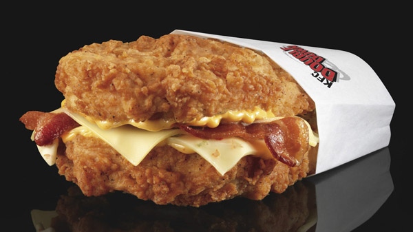 This undated product image provided by KFC shows their new Double Down sandwich. (KFC / Dan Kremer)