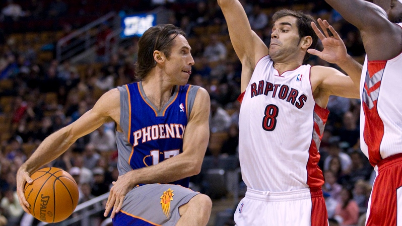 Phoenix Suns guard Steve Nash (left) makes a behind the back pass against Toronto Raptors guard Jose Calderon (right) during first half NBA action in Toronto on Sunday October 17, 2010. THE CANADIAN PRESS/Frank Gunn