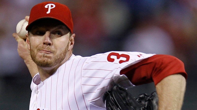 Philadelphia Phillies starting pitcher Roy Halladay throws during the first inning of Game 1 of baseball's National League Championship Series against the San Francisco Giants Saturday, Oct. 16, 2010, in Philadelphia. (AP Photo/Matt Slocum)