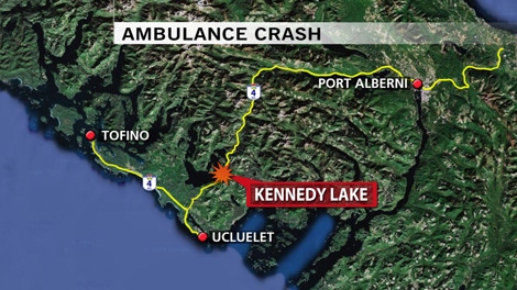 A CTV News map shows the location of a fatal ambulance crash near Tofino, B.C.