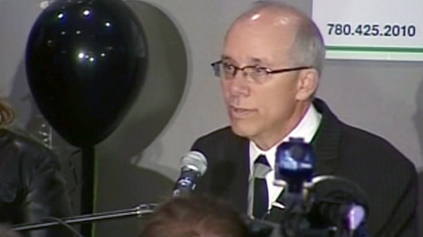 Stephen Mandel speaks to his supporters at his campaign headquarters after being re-elected for a third term as mayor of Edmonton, Monday, Sept 18, 2010.