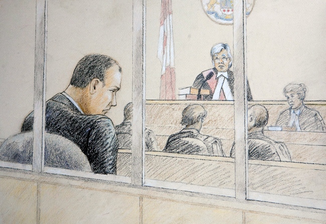 Col. Russell Williams is shown in a sketch as he appeared in court in Belleville, Ont., on Thursday, Oct. 21, 2010. (Tammy Hoy / THE CANADIAN PRESS)  