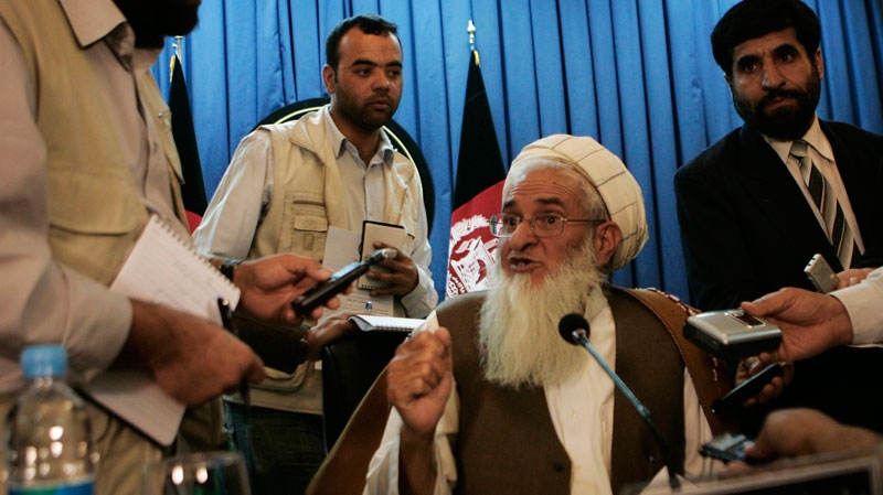 Qiyamuddin Kashaaf, spokesman for the High Peace Council, speaks to reporters after a press conference in Kabul, Afghanistan, Thursday, Oct. 21, 2010.  (AP / Ahmad Massoud) 