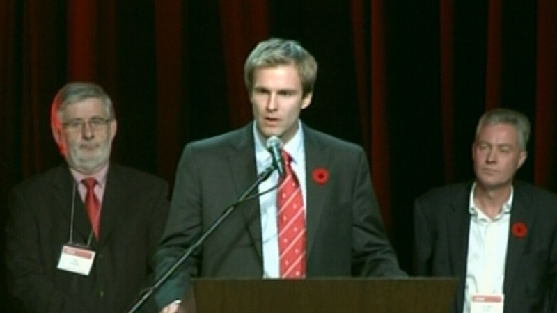 Brian Gallant is seen speaking at the N.B. Liberal convention after being chosen as the new party leader, Saturday, Oct., 27, 2012.