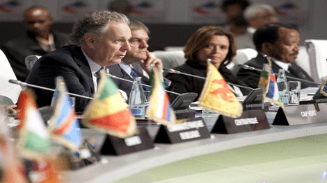 Quebec Premier Jean Charest delivers remarks during a plenary session at the Francophonie Summit in Montreux, Switzerland on Saturday, Oct. 23, 2010. THE CANADIAN PRESS/Sean Kilpatrick