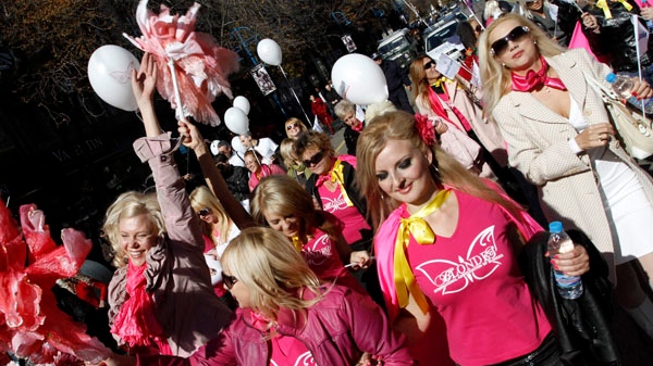 Blondes take part in a parade through the streets of the Bulgarian capital of Sofia as part of a Blonde festival on Saturday, Oct. 23, 2010. (AP / Valentina Petrova)