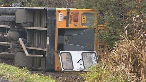 A school bus rolled into the ditch on Copeland Road in rural southwest Ottawa, Tuesday, Oct. 26, 2010. Two children were sent to hospital.