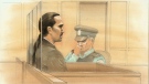 Levi Aggek appears in a Toronto court over the 2009 death of Spring Phillips. He was sentenced to life in prison, with no chance of parole for 20 years, on a charge of second-degree murder. (John Mantha/CTV)