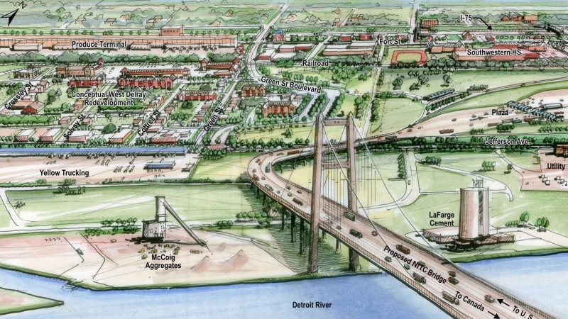 A proposed new bridge linking Detroit and Windsor, is shown in this 2012 artist's rendering. Prime Minister Stephen Harper is welcoming the decision by voters in Michigan to reject a proposal for a statewide vote on plans for any new international crossing. (Michigan Department of Transportation)