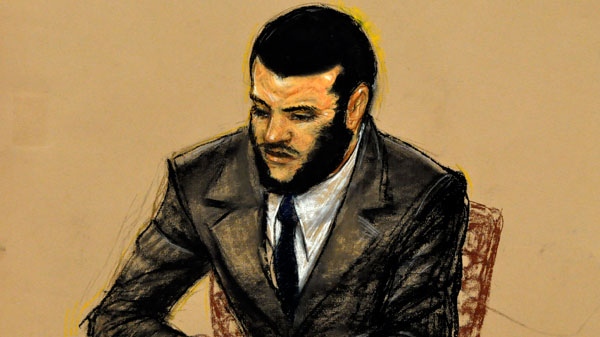 In this photo of a sketch by courtroom artist Janet Hamlin and reviewed by the U.S. Department of Defense, Canadian detainee Omar Khadr listens the taped testimony of Navy Capt. Patrick McCarthy, the former top military legal adviser at the detention center, played upon request by the military jury right before they announced their verdict, near the end of his sentence trial at Camp Justice, in Guantanamo Bay U.S. Naval Base, Cuba, Sunday Oct. 31, 2010. (Janet Hamlin for CTV)