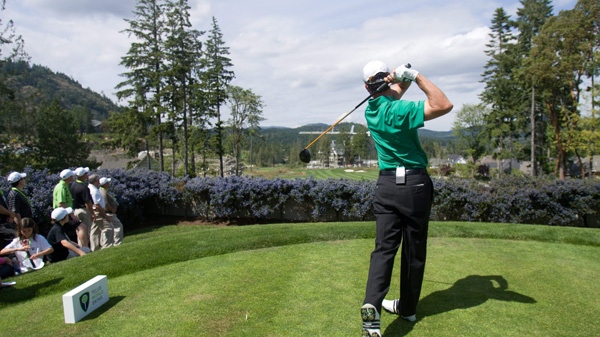 Canada's Mike Weir drives from the tee on the 18th hole at the 2010 Telus World Skins at Bear Mountain Resort in Victoria, B.C., Tuesday, June 22, 2010. (Geoff Howe / THE CANADIAN PRESS)