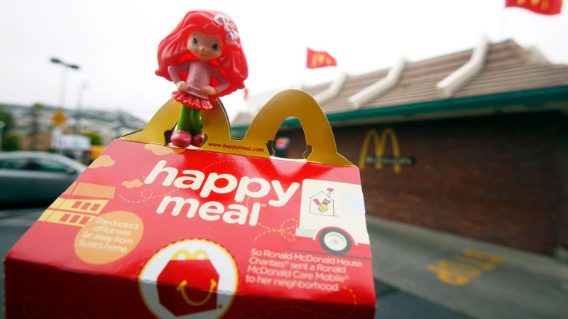 A Happy Meal box and toy are shown outside of a McDonald's restaurant in San Francisco on Friday Oct. 1, 2010. (AP / Jeff Chiu)