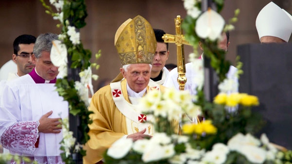 Pope Benedict XVI leaves the Sagrada Familia church in Barcelona, Spain, Sunday, Nov. 7, 2010. (AP / Emilio Morenatti)