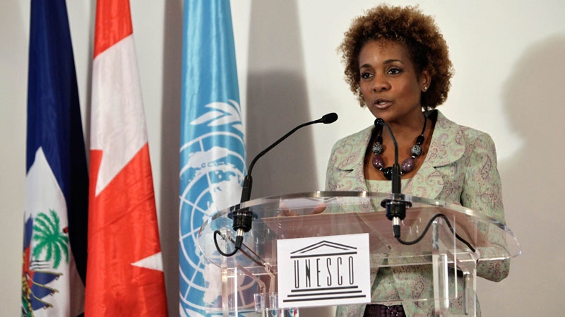 Canadian former Governor General Michaelle Jean during her speech after receiving the certificate of special UNESCO envoy to Haiti, in Paris, Monday Nov. 8, 2010. (AP / Thibault Camus)